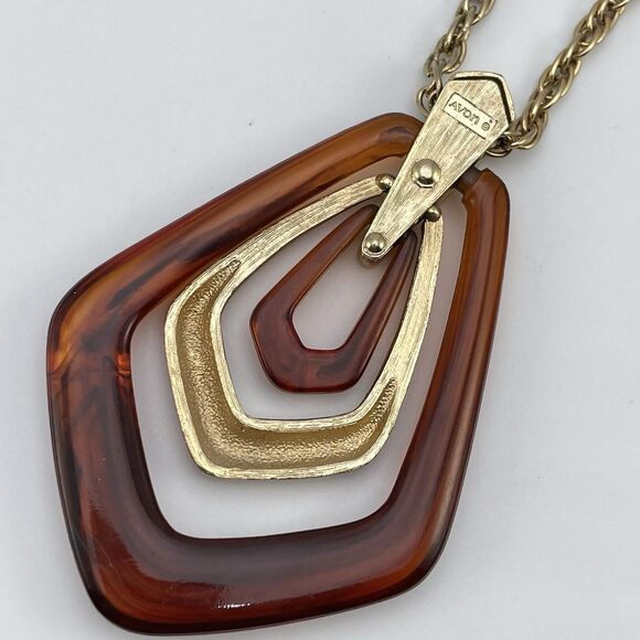 Vintage Avon Gold Tone Faux Tortoise Shell Acrylic Pendant Necklace Statement - Picture 3 of 8